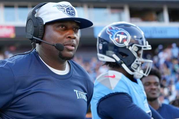 Titans defensive coordinator Dennard Wilson watches from the sideline during a preseason game on Aug. 17, 2024, in Nashville, Tenn. (George Walker IV/AP)