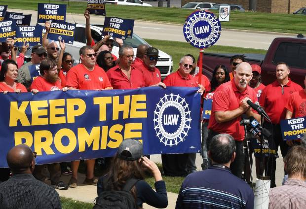 UAW Region 1 Associate Director Ray Pecoraro speaks during an Aug. 23 rally outside the Sterling Heights Assembly Plant, where union members called on Stellantis to keep a commitment to reopen the Belvidere Assembly Plant in Illinois in 2027 to build a midsize pickup. The union is threatening to strike over the automaker's plans to delay the restart of production. (Daniel Mears/The Detroit News/TNS)