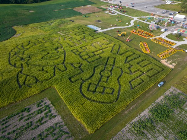 The 2024 season corn maze, as captured by a drone, at Harvest TymeFamily Farm in Lowell, Indiana, is a tribute to country music recording artist Luke Bryan. (Courtesy/Smith Donovan)