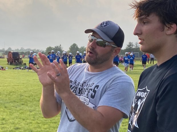 Kaneland coach Mike Thorgesen reacts during a 7-on-7 at Kaneland on Tuesday, July 11, 2023.