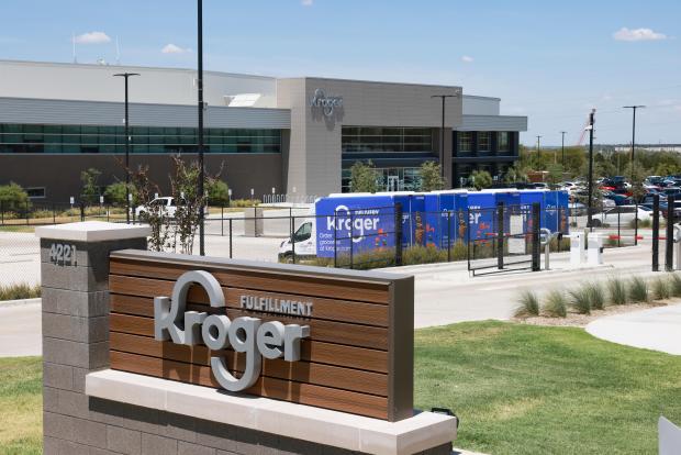 The exterior of Kroger's fulfillment center is shown on July 27, 2022 in Dallas, Tex. (Rebecca Slezak/The Dallas Morning News via AP, File)