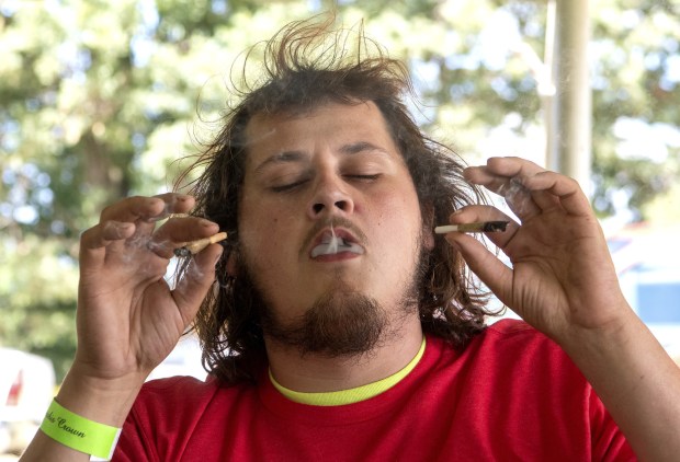 Delton Huffman, of Michigan City, Indiana, takes part in the two-day Original Cannabis Crown event at the Hartford Motor Speedway in Hartford, Michigan Friday August 27, 2022. This was the first year for two-day Original Cannabis Crown which featured live music, food and vendors. (Andy Lavalley for the Post-Tribune)