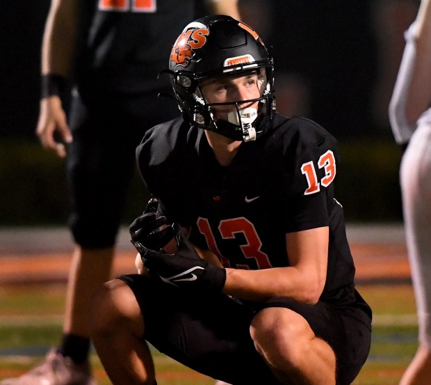 Libertyville's Brock Williams (13) lines up as a tightend. Libertyville moved to 4 and 0 with their home field win over Lake Zurich, 29-14, Friday, Sept. 20, 2024. (Rob Dicker / News-Sun)