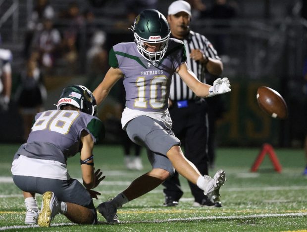 Stevenson wide receiver Thomas Simmons (10) kicks a field goal during a game against Taft at Stevenson High School in Lincolnshire on Friday, Sept. 6, 2024. (Talia Sprague/for the News-Sun)