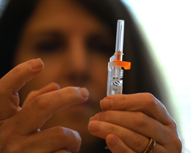 Lena Saed, a pharmacist at the Deerfield Walgreens, checks an immunization at the Healthy Lifestyle Expo on Sept. 7, 2024 in Deerfield at the Patty Turner Center. (Karie Angell Luc/Lake County News-Sun)