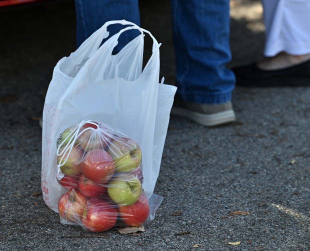 Apples wait to be loaded into a vehicle at Apple Fest in Long Grove on Sept. 21, 2024. (Karie Angell Luc/Lake County News-Sun)