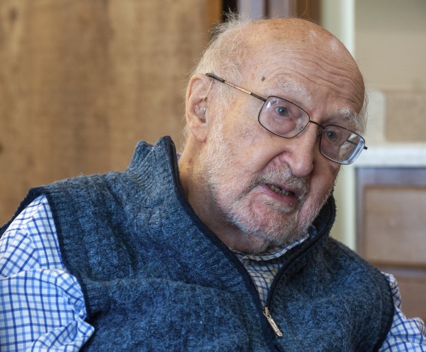 Dick Brauer, founder of the Brauer Museum of Art at Valparaiso University, pauses while speaking at Pines Village Retirement Communities in Valparaiso, Indiana Monday February 6, 2023. Brauer has said if the university plans to sell millions of dollars in artwork he wants his name removed from the museum. (Andy Lavalley for the Post-Tribune)