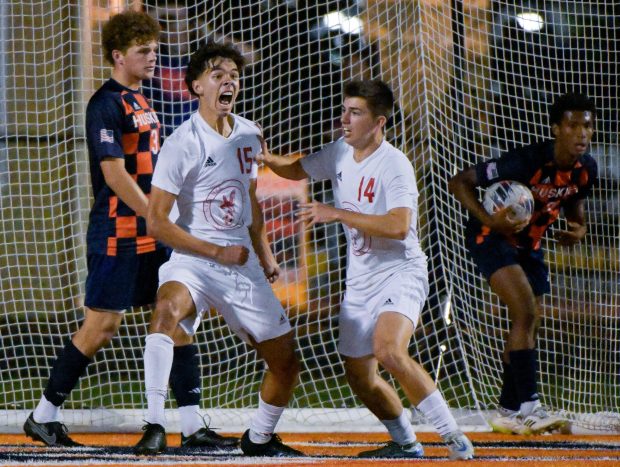 Naperville Central's Conor White (15) celebrates his 2nd half goal against Naperville North on Tuesday, Sept. 17, 2024. (Mark Black / The Naperville Sun)