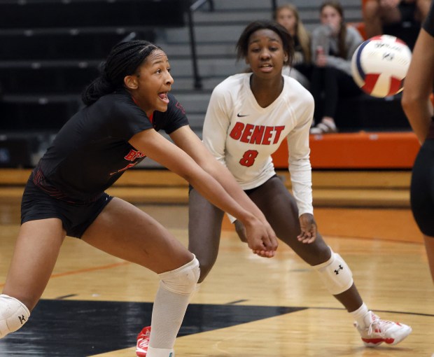 Benet's Brooklynne Brass volleys the ball during a match against Lincoln Way East at the Wheaton Classic in Wheaton on Sat, Sept. 21, 2024. (James C. Svehla / Pioneer Press)