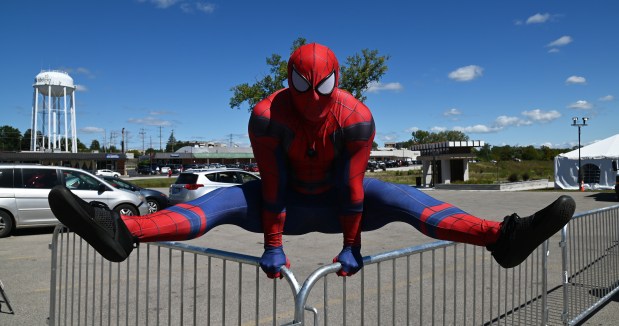 Spider-Man does acrobatic moves at the 13th Mundelein Arts Festival, an annual juried festival on Sept. 7, 2024 in Mundelein. (Karie Angell Luc/Pioneer Press)