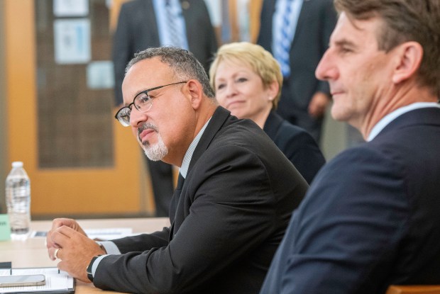 U.S. Secretary of Education Miguel Cardona, left, conducts a roundtable discussion at the Valparaiso Ivy Tech Community College campus on Wednesday, Sept. 4, 2024. (Michael Gard/for the Post-Tribune)