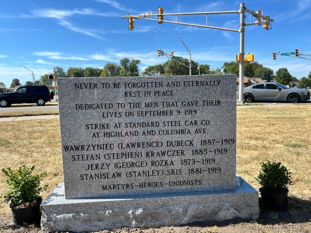 A new granite memorial is dedicated to the four men and the historic event of the Standard Steel Company Strike on Saturday, Sept. 14, 2024, at Columbia Avenue and Highland Street in Hammond. (Anna Ortiz/for Post-Tribune)