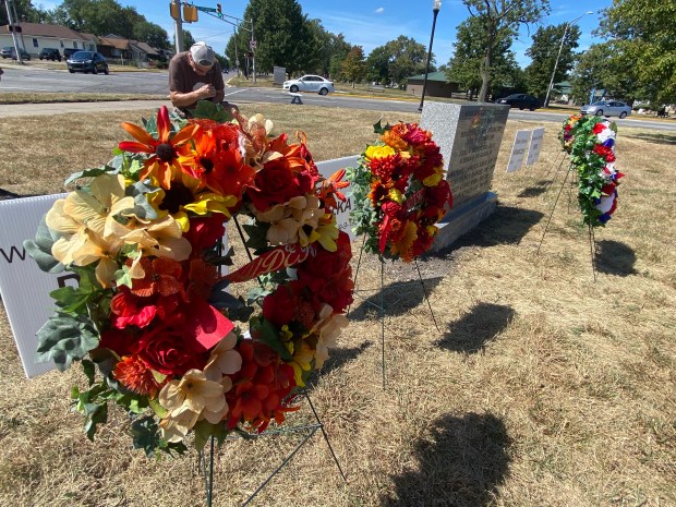 Because it is unknown where the men's final resting place is, the memorial, shown on Saturday, Sept. 14, 2024, is stationed at Columbia and Highland Avenue in Hammond where the shooting occurred. (Anna Ortiz/for Post-Tribune)