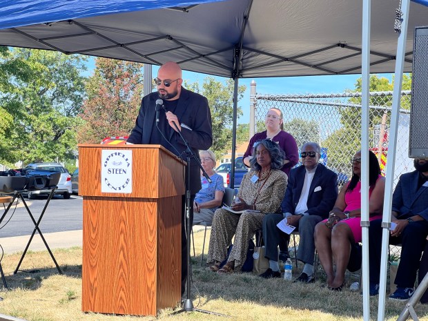 Tom Novak, president of the Hammond Historical Society, speaks on Saturday, Sept. 14, 2024, about the historical context of the strike and the importance of remembering the past. (Anna Ortiz/for Post-Tribune)