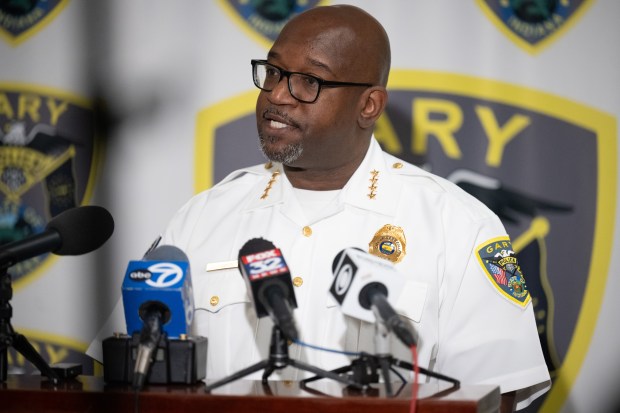 Gary Police Chief Derrick Cannon speaks during a press conference at the Gary Police Department on Monday, Sept. 9, 2024, regarding a shooting last Friday in Gary that killed Portage resident Kia Tidwell. (Kyle Telechan/for the Post-Tribune)