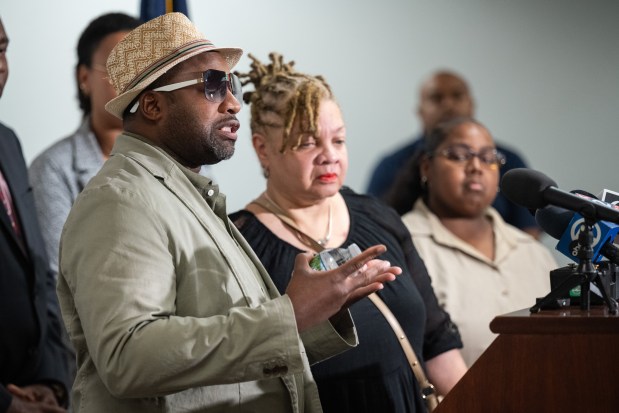 Jamuel Tidwell, whose sister, Portage resident Kia Tidwell, was killed in a shooting in Gary last Friday, speaks during a press conference at the Gary Police Department on Monday, Sept. 9, 2024. (Kyle Telechan/for the Post-Tribune)