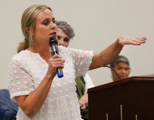 Jennifer McCormick addresses the audience during a town hall meeting hosted by Democratic gubernatorial candidate McCormick at the Lake County Library on April 29, 2024. (John Smierciak/for the Post-Tribune)