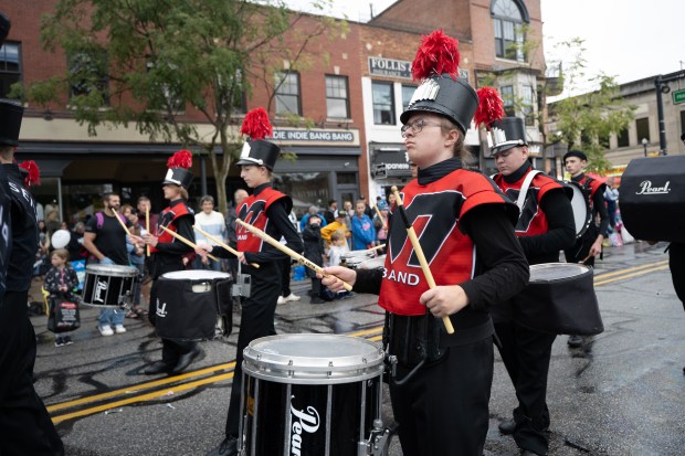 Washington Township High School Marching Band members perform in the Valparaiso Popcorn Festival Parade on Saturday, Sept. 7, 2024. (Kyle Telechan/for the Post-Tribune)