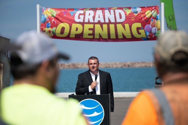 Ports of Indiana-Burns Harbor director Ryan McCoy speaks during a grand opening ceremony for the newly-finished Berth 5 at the port on Thursday, Sept. 5, 2024. (Kyle Telechan/for the Post-Tribune)