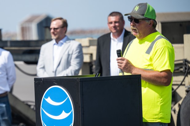 International Longshoremen's Association Local 1969 president Todd Aldrich speaks during a grand opening ceremony for the new Berth 5 at the Ports of Indiana-Burns Harbor on Thursday, Sept. 5, 2024. (Kyle Telechan/for the Post-Tribune)