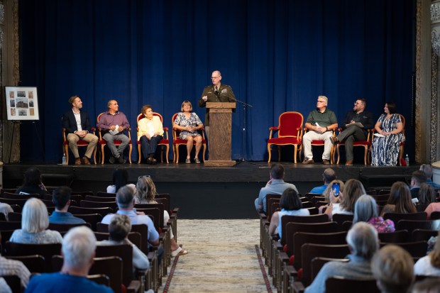 Porter County Superior Court judge and Indiana National Guard Colonel Michael Fish speaks during a ceremony to rededicate the newly-renovated Memorial Opera House in Valparaiso on Friday, Sept. 13, 2024. (Kyle Telechan/for the Post-Tribune)