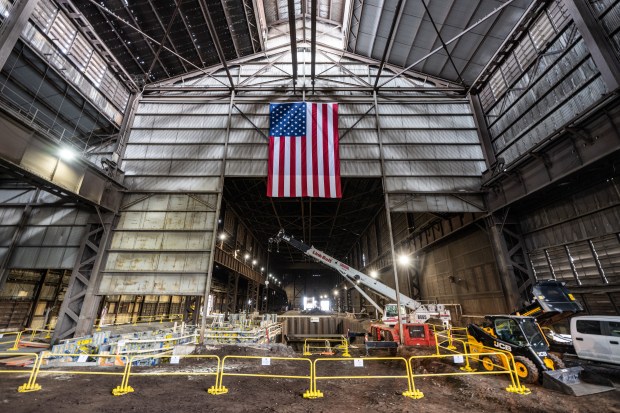 Construction vehicles are parked at the site of the construction of a new pig iron caster at U.S. Steel Gary Works on Thursday, May 26, 2022. (Kyle Telechan for the Post-Tribune)