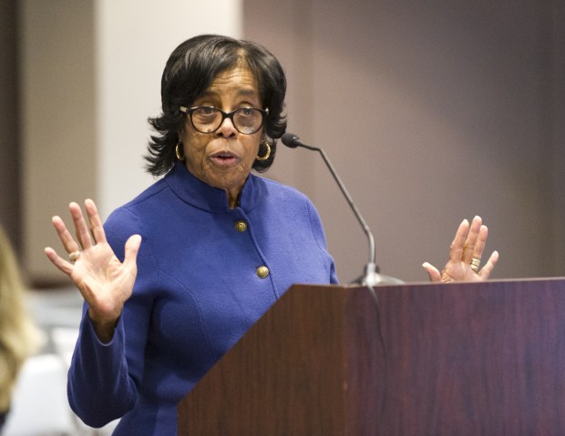 State Senator Earline Rogers explains to the board how she disagrees with IBOE board member Tony Walker's assessment of the state of Dunbar-Pulaski Career and Academic Academy. The Indiana State Board of Education met during their regular business meeting Thursday, March 12, 2015, to act on a motion by board member Tony Walker of the 1st District.