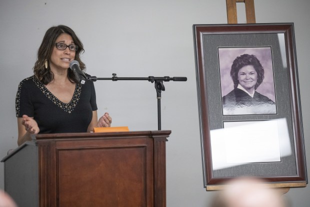 Porter County Superior Court Judge Mary DeBoer speaks during a ceremony to dedicate a Porter County courtroom in Judge Mary Harper's name on Thursday, July 14, 2022. Harper died Wednesday, September 14, 2022. (Kyle Telechan for the Post-Tribune)