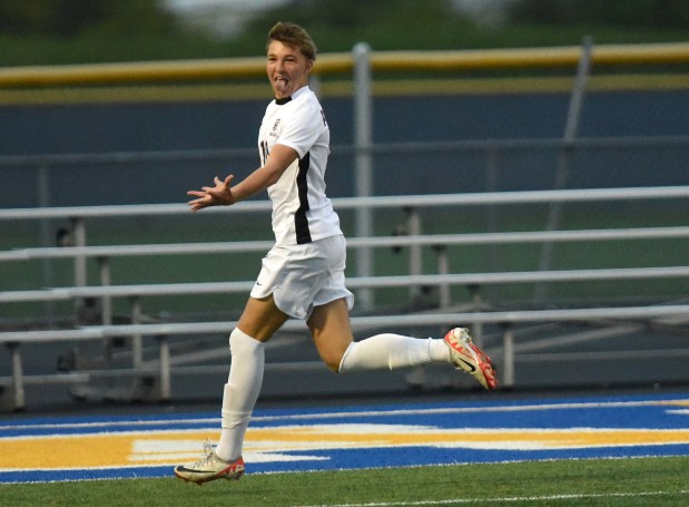 Lockport's Krystian Rafacz (10) celebrates his goal against Sandburg giving the Porters a 2-1 lead during a Southwest Suburban Conference game Tuesday, Sept. 24, 2024 in Orland Park, IL. (Steve Johnston/Daily Southtown)