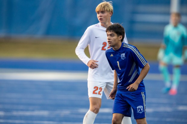 Bloom Township's Diego Munoz (1) looks for the ball as a play developed against Lincoln-Way West during a nonconference game in Chicago Heights on Tuesday, Sept. 10, 2024. (Vincent D. Johnson / Daily Southtown)