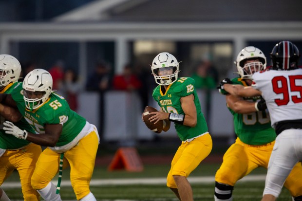 Providence's Leo Slepski (10) drops back with some time to pass against Lincoln-Way Central during a nonconference game in New Lenox on Friday, Sept. 6, 2024. (Vincent D. Johnson / Daily Southtown)