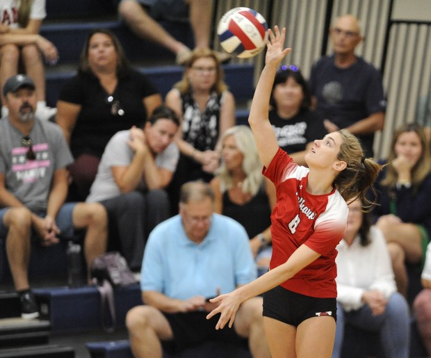 Marist's Taylor Berg (8) goes up for a hit against Joliet Catholic during an East Suburban Catholic Conference volleyball match Tuesday, Sept. 17, 2024 in Joliet, IL. (Steve Johnston/Daily Southtown)