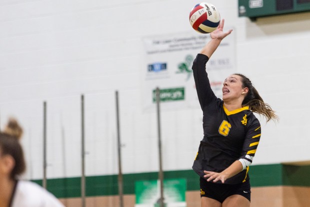 St. Laurence's Kayla Birmingham (6) serves against Lincoln-Way West during the Oak Lawn Spartan Classic championship match in Oak Lawn on Saturday, Sept. 21, 2024. (Vincent D. Johnson / Daily Southtown)