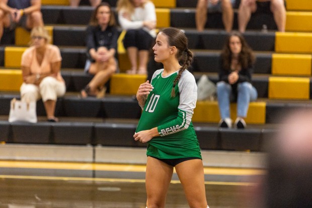 Providence's Delaney Purtill (10) signals to her teammates during a nonconference game against Andrew in Tinley Park on Wednesday, Sept. 11, 2024. (Vincent D. Johnson / Daily Southtown)