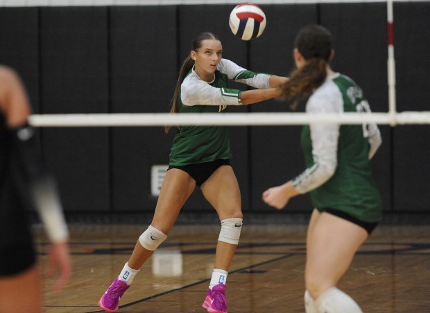 Providence's Cali Tierney (16) returns a serve against Lincoln-Way West Tuesday, Sept. 3, 2024 in New Lenox, IL. (Steve Johnston/Daily Southtown)