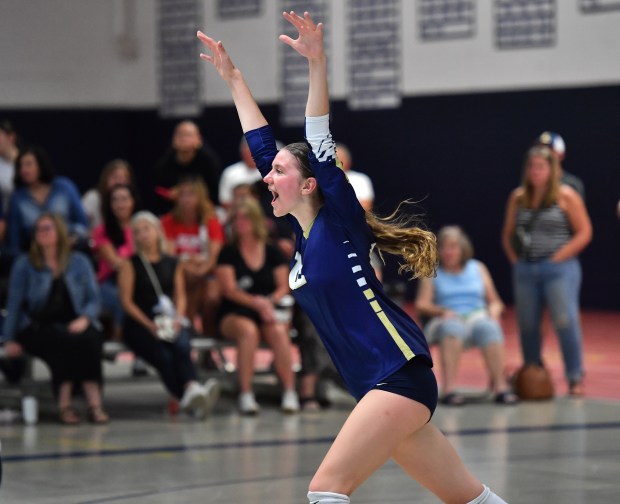 Lemont's Izabella Kowalczyk reacts to a point near the end of a victorious match against Richards on Thursday, Sept. 5, 2024 in Lemont...(Jon Cunningham for the Daily Southtown)