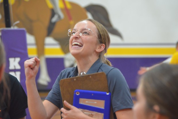 Shepard coach Caroline Graham celebrates with her team after a nonconference win at Chicago Christian in Palos Heights on Tuesday, Aug. 27, 2024. (Jeff Vorva / Daily Southtown)