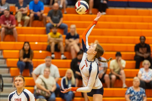 Stagg's Katriana Zumerchik (1) goes up for a kill against Tinley Park during a nonconference game in Palos Hills on Monday, Sept. 16, 2024. (Vincent D. Johnson / Daily Southtown)