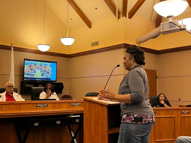 Glenwood resident Melinda Plott voices concerns about the village's financial situation at a Village Board meeting Sept. 3, 2024, citing the absence of a budget. (Samantha Moilanen/Daily Southtown)