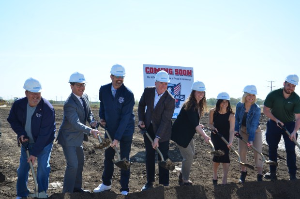 New Lenox officials including Mayor Tim Baldermann and members of the sports complex development team break ground April 22, 2024, for the new Crossroads Sports Complex. (Michelle Mullins/for Daily Southtown)