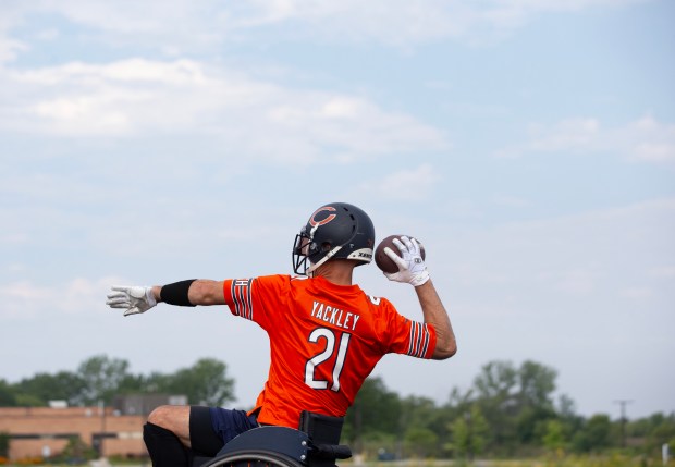 Lemont resident Jeff Yackley drops back to pass as the quarterback for the Great Lakes Adaptive Sports Association Bears wheelchair football team, which has a shot at playing in the Super Bowl in Feb.. (Scott Paulus/GLASA)