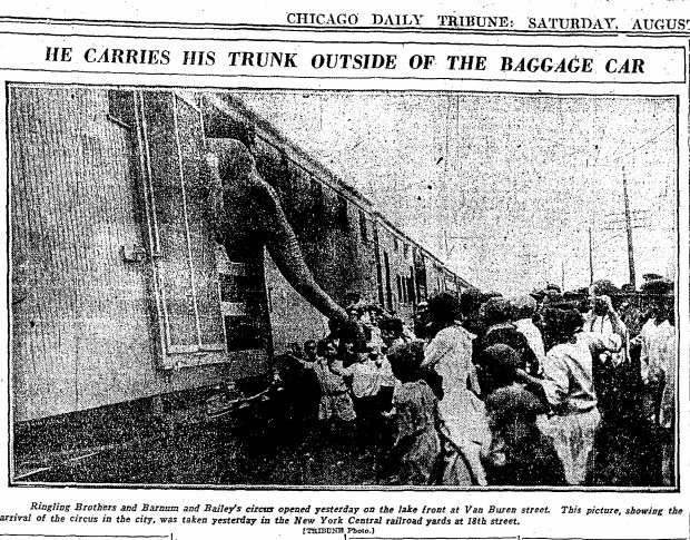 People crowd around a train car housing an elephant for the Ringling Brothers and Barnum and Bailey's Circus in August 1924. (Chicago Tribune)