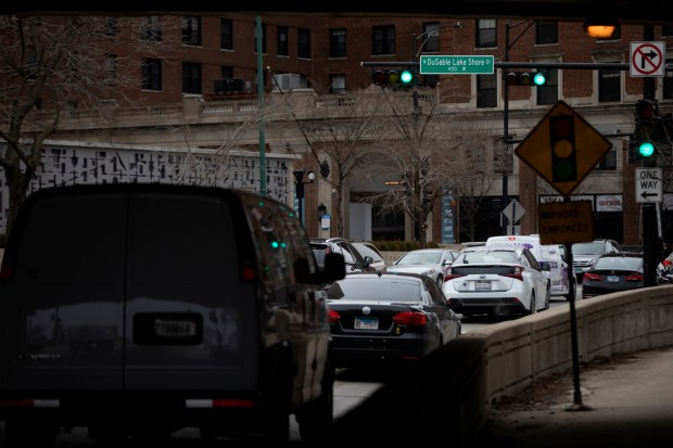 Traffic backs up at DuSable Lake Shore Drive and Belmont Avenue on March 10, 2022, in Chicago. (Erin Hooley/Chicago Tribune)