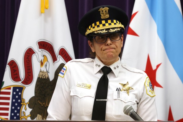 Antoinette Ursitti, chief of detectives, answers questions from reporters, Feb. 21, 2024, about a fatal shooting. (Antonio Perez/Chicago Tribune)