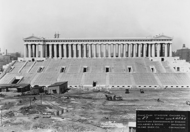 Municipal Grant Park Stadium under construction in 1924. Soon after, it was renamed Soldier Field. (Chicago Park District)