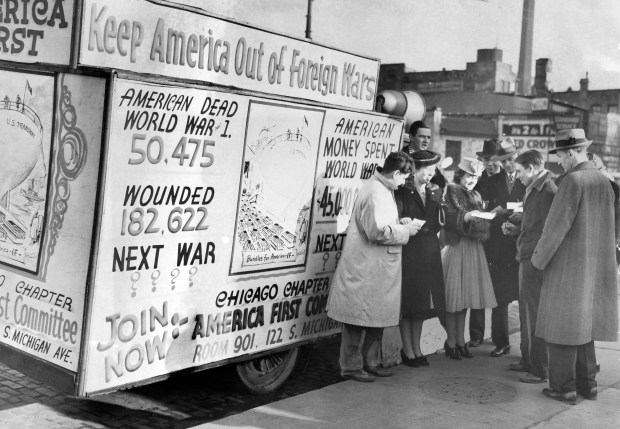 America First Committee members recruit on a Chicago street in March 1941. (Chicago Tribune historical photo)