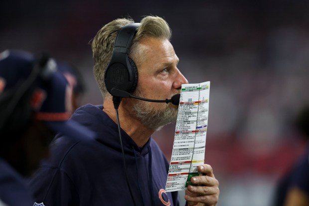 Bears head coach Matt Eberflus walks near the sidelines during the second quarter against the Houston Texans at NRG Stadium on Sept. 15, 2024, in Houston. (Armando L. Sanchez/Chicago Tribune)