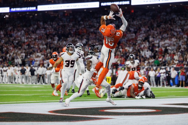 Bears wide receiver Rome Odunze misses a touchdown catch during the second quarter against the Texans at NRG Stadium Sunday Sept. 15, 2024, in Houston. (Armando L. Sanchez/Chicago Tribune)