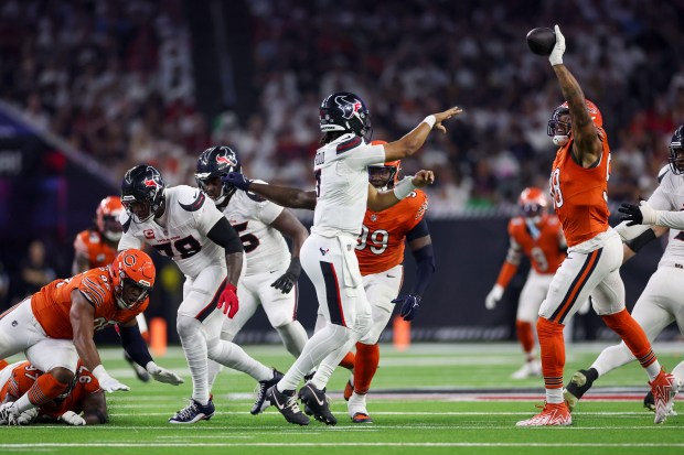 Bears defensive end Montez Sweat tips a pass from Texans quarterback C.J. Stroud) during the first quarter at NRG Stadium on Sept. 15, 2024, in Houston. (Armando L. Sanchez/Chicago Tribune)