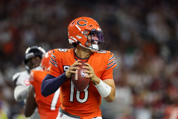 Chicago Bears quarterback Caleb Williams (18) looks before throwing a pass during the fourth quarter against the Houston Texans at NRG Stadium Sunday Sept. 15, 2024, in Houston. (Armando L. Sanchez/Chicago Tribune)